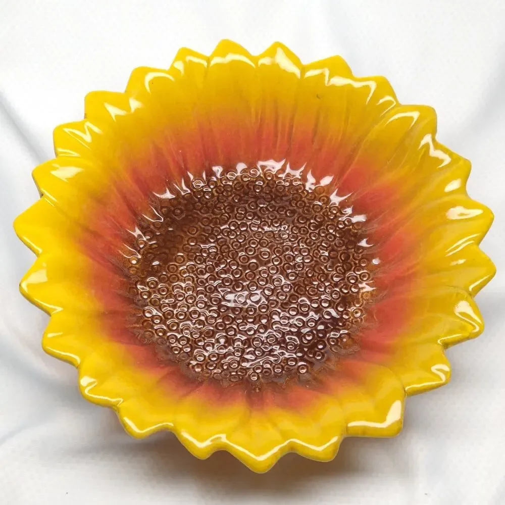 Vintage Ceramic Sunflower Bowl Textured Majolica Style 1970s Yellow Orange Japan